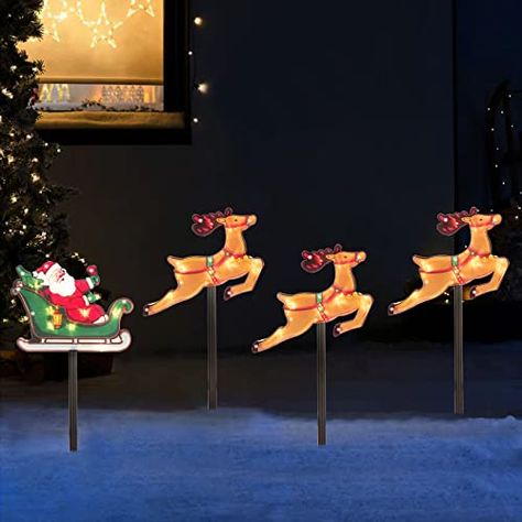 Christmas Silhouette Outdoor Pathway Lights Set of 4 Solar Powered Pre-Lit 30 LEDs Double Sided Christmas Reindeer & Sled Vintage Holiday Outdoor Display Decor for Garden, Patio,Yard, Lawn Christmas Stake Lights, Plywood Christmas Yard Decorations, Christmas Pathway Lights, Outdoor Pathway Lighting, Christmas Silhouette, Solar Christmas Lights, Pathway Lights, Christmas World, Christmas Yard Decorations