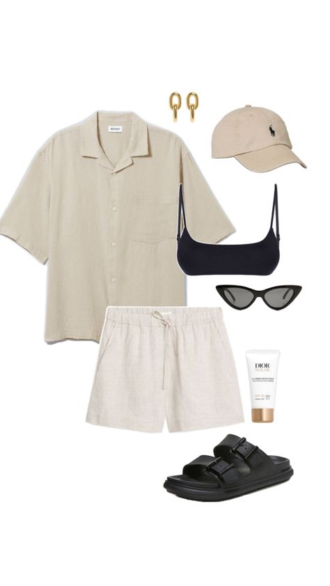 Summer outfit idea, Summer linen shirt and shorts, black sandals, beige ralph lauren cap, fashion inspiration, fit inspo Linen Black Shorts Outfit, Striped Linen Shorts Outfit, Beige Linen Shorts Outfit, Australian Summer Outfits, Beige Shirt Outfit, Linen Shirt And Shorts, Minimal Chic Outfits, Eurotrip Outfits, Linen Shorts Outfit