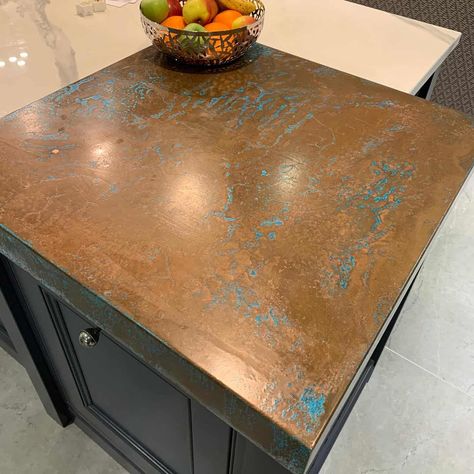 Aged Copper Kitchen Worktop - Project - Halman Thompson Copper Top Kitchen Island, Upcycled Kitchen Worktop, Copper Quartz Countertop, Copper Behind Stove, Copper Kitchen Worktop, Kitchen Wood Burning Stove, Copper Island Countertop, Copper Sheets Projects, Copper Worktop Kitchen