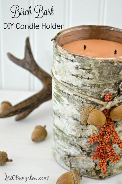 DIY Birch Bark Candle Holder Birch Bark Candles, Bark Crafts, Birch Bark Crafts, Cottage Girl, Farmhouse Diy Projects, Candle Tutorial, Candle Crafts, Cottage Inspiration, Diy Candle Holders