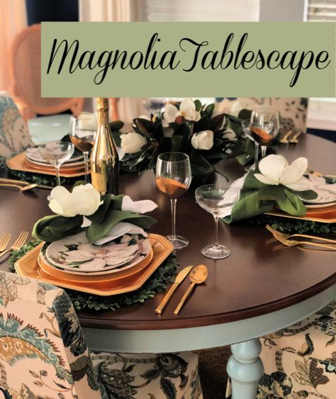 Southern Magnolia Tablescape! - Celebrate & Decorate Magnolia Party Decor, Magnolia Tablescape, Magnolia Table Decor, Green Table Settings, Magnolia Decor, Entertaining Tablescapes, Southern Dinner, Magnolia Leaf Wreath, Formal Table Setting