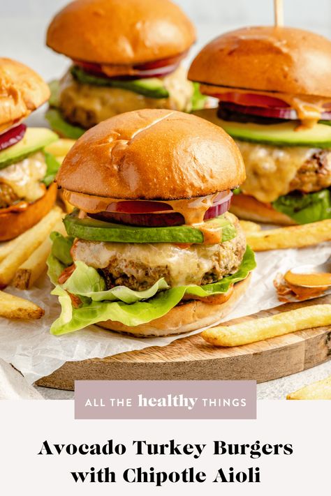 Juicy and delicious Avocado Turkey Burgers with a smoky chipotle aioli that everyone will love! These flavorful burgers are easy to make and perfect for a weeknight dinner or backyard bbq! Avocado Burger, Grilled Turkey Burgers, Aioli Sauce, Chipotle Aioli, Turkey Burger Recipes, Grilled Turkey, Cooking Tomatoes, Grilled Burgers, Low Cal Recipes