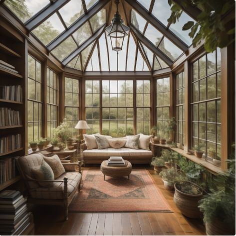 Sunroom With Library, Italian Sunroom, Green House Library, English Cottage Sunroom, Wood House Aesthetic, English Sunroom, Reading Sunroom, Cottage Core House Aesthetic, Cottage Core Library