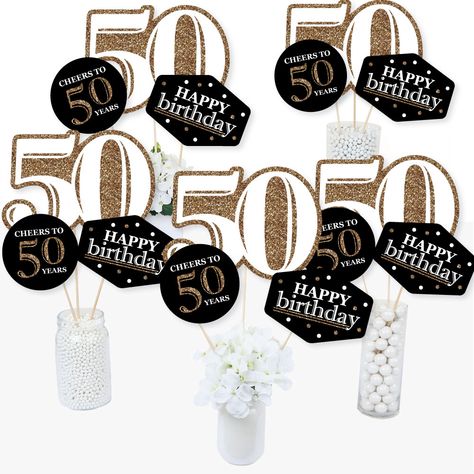 50th Birthday Party Centerpieces, 50th Birthday Centerpieces, Gold Theme Party, Gold Centerpiece, Birthday Party Table Decorations, Black And Gold Theme, Birthday Table Decorations, 50th Birthday Decorations, Gold Centerpieces