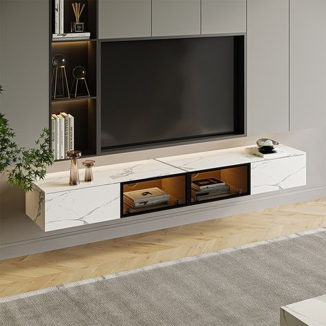 Wall Mounted Tv Console, Hanging Tv On Wall, Hanging Tv, Cabinets With Glass Doors, Floating Entertainment Center, Tv Stand Cabinet, Floating Tv Stand, Floating Tv, Tv Stand With Storage