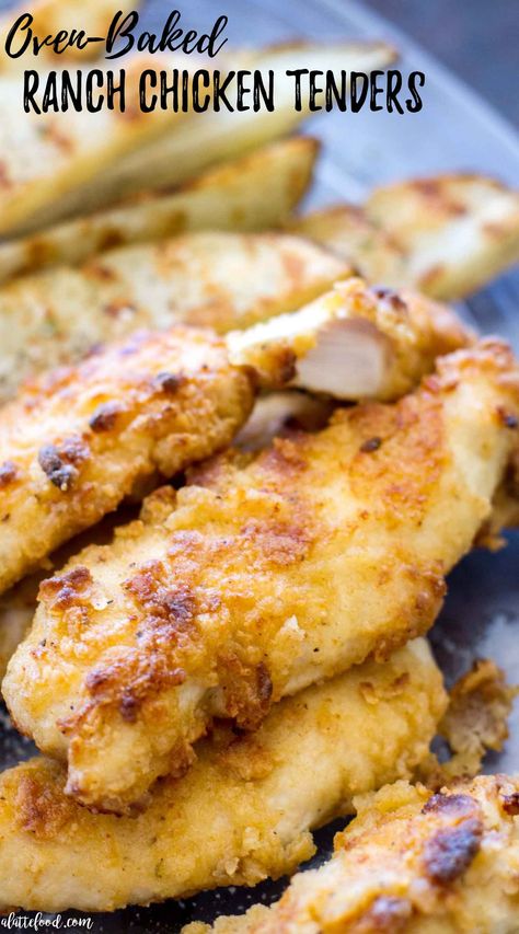 These Oven Baked Ranch Chicken Tenders are baked in the oven instead of fried. These chicken tenders are marinated with ranch dressing, giving this homemade chicken tender recipe incredible flavor! They're a total crowd pleaser.  oven baked chicken, baked fried chicken, ranch chicken, easy dinner recipe