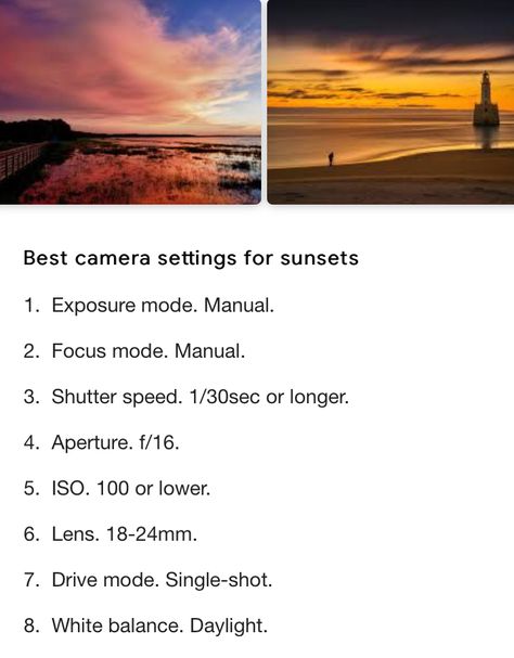 Camera Setting For Overcast, Videography Camera Settings, Camera Settings For Landscape Photography, Sunset Exposure Settings, Beach Sunset Camera Settings, Settings For Sunset Photography, Golden Hour Setting Camera, Sunset Settings Photography, Beach Photography Settings