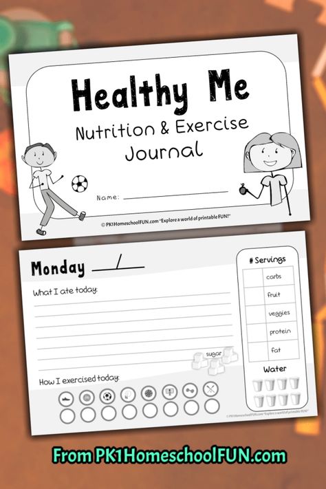 Free Printable Nutrition & Exercise Journal For Kids - PK1HomeschoolFUN Nutrition Worksheets For Kids, Healthy Living Activities For Kids, Healthy Activities For Kids, Nutrition Kindergarten, Nutrition Activities For Kids, Nutrition Games, Eating Journal, Nutrition For Kids, Esl Materials