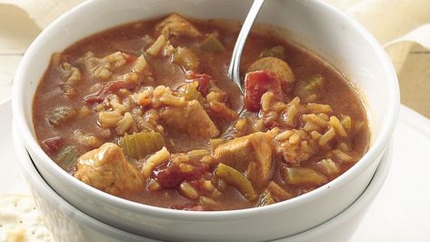 Chicken Creole Soup Recipe - BettyCrocker.com Creole Soup, Chicken Creole, Hearty Chicken Soup, Creole Chicken, Chicken Recipes Easy Quick, Gumbo Soup, Cajun Sausage, Chicken Gumbo, Spiced Rice