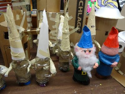 There's a Dragon in my Art Room: Garden Gnomes and Gnome Homes! Playground Sand, Surreal Portraits, Gatorade Bottles, Sketchbook Prompts, Capital Alphabet, Paper Mache Christmas, Paper Mache Clay, Garden Gnomes, Paper Mache Crafts