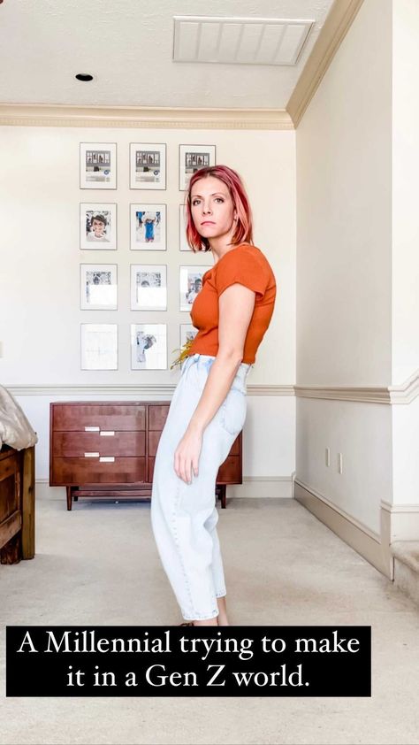 jbrittanyestes on Instagram: Millennial trying to make it in a Gen Z world. Middle part, clips, mom jeans, and crop top. Follow me for more fashion advice. 😂 Outfit… Gen Z Jeans Outfit, Millenial Mom Outfit, Millennial Outfit Makeover, Gen Z Outfit Ideas, Gen Z Outfits, Jeans And Crop Top Outfit, Jeans And Crop Top, Millennial Outfit, Gen Z Style