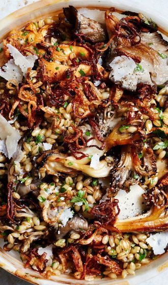 Herby Barley Salad with Mushrooms recipe: every bit as good as it looks. Autumn Salad Recipes, Barley Salad, Vegetarian Barbecue, Fried Shallots, Fennel Salad, Autumn Salad, Parmigiano Reggiano, Barbecue Recipes, Cooked Vegetables