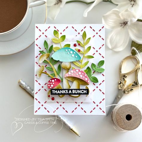 Papertrey Ink – Into the Blooms Mushrooms | Cards and Coffee Time Mushroom Cards Handmade, Mushroom Cards, Mushroom Card, Crossed Stitch, Papertrey Ink Cards, Craft Desk, Spring Cards, Papertrey Ink, Shaker Cards