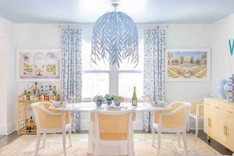 Stray Dog Designs, Dining Table Centerpiece, Colored Ceiling, Chinoiserie Wallpaper, Blue Curtains, Home Curtains, Custom Curtains, Dining Room Design, Room Table