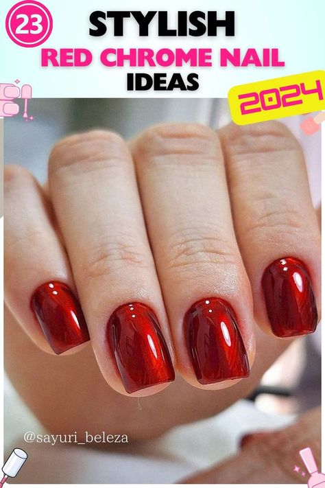 Short, square-shaped nails with a high-gloss red chrome finish. Made from gel, these practical and stylish nails are perfect for everyday wear, offering easy maintenance with a chic look. Keywords: red chrome nails, short nails, square nails, glossy finish. Red Chrome French Tip Nails Square Short, Red Chrome Dip Nails, Chrome On Red Nails, Modern Red Nails, Red Chrome French Tip Nails Square, Chrome Over Red Nails, Red Chrome French Tip Nails, Red Metallic Nails, Chrome Christmas Nails