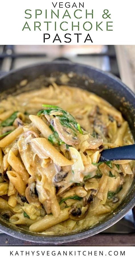 Spinach And Artichoke Pasta, Spinach Artichoke Pasta, Vegan Pasta Dish, Artichoke Pasta, Artichoke Recipes, Vegan Pasta Recipes, Pasta Dinner Recipes, Fresh Spinach, Vegan Comfort Food