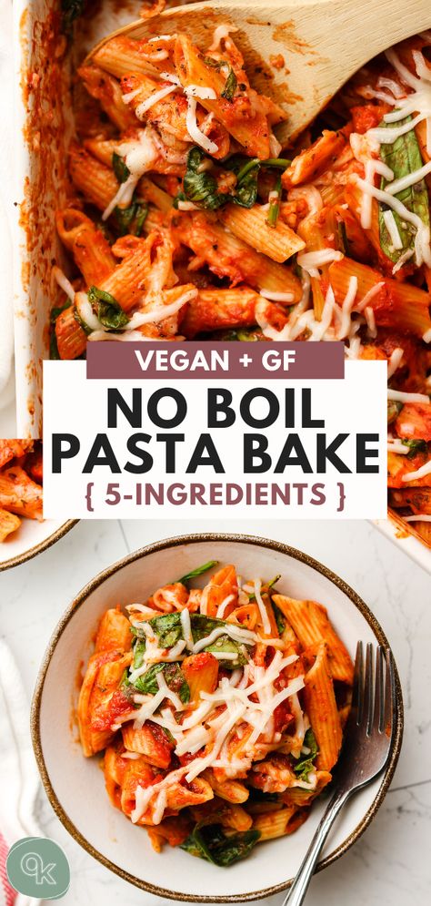 Easy, super tasty 5-Ingredient No Boil Baked Pasta is the perfect mix-and-bake weeknight dinner or meal prep. This hands free healthy pasta recipes is also vegan and gluten-free!   #veganrecipes #noboilpasta #mealprep #5ingredients #glutenfreerecipes #pastarecipes #easydinners Pasta Recipes Nondairy, Dairy Free Baked Pasta, 5 Ingredient Vegan Recipes, Baked Pasta Recipes Dairy Free, Baked Pasta Recipes Easy Vegetarian, Gf Pasta Bake, Gluten Free Pasta Bake Recipes, Vegan Baked Pasta Recipes, Pasta Bake No Meat