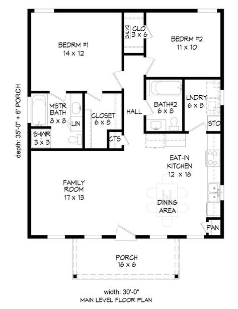 Country Style House Plan - 2 Beds 2 Baths 1050 Sq/Ft Plan #932-352 - Houseplans.com 1000 Sq Ft House, 2 Bedroom Floor Plans, Two Bedroom House, 2 Bedroom House Plans, Small House Floor Plans, Barndominium Floor Plans, Tiny House Floor Plans, 2 Bedroom House, Country Style House Plans