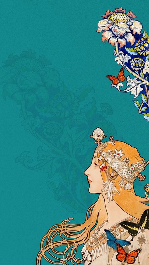 Mucha Aesthetic, Aesthetic Mobile Wallpaper, Mucha Zodiac, Cher Wallpapers, Woman Background, Aesthetic Mobile, Vintage Woman, Wallpaper Vintage, Alphonse Mucha