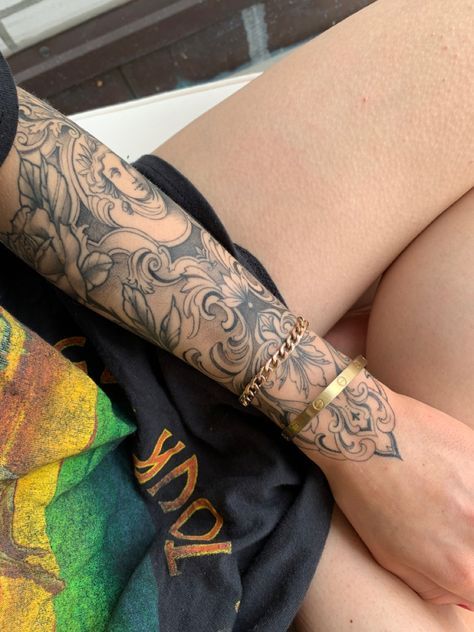 Wrist Onto Hand Tattoo, Joie Chavis Tattoo, Ornamental Tattoo Design Sleeve, Tattoos Meaning Love, Detailed Sleeve Tattoos, Hand And Arm Tattoos For Women, Top Of Arm Tattoo, Unique Tattoo Sleeve, Fore Arm Tattoos