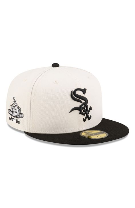 This fitted hat sports an embroidered White Sox logo at the front panel, a 2005 World Series Champions patch at the side and a green undervisor. 100% polyester Spot clean Imported Fitted Baseball Caps, Fabric Gift Bags, White Sock, Fitted Hat, Fabric Gifts, Chicago White Sox, Anniversary Sale, Free Fabric, World Series