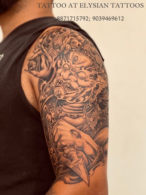 Kaal Bhairav Tattoo at Elysian Tattoos by Shammi Sharma. Contact for Bookings and Trainings - 8871715792 ; 9039469612 Kaal Bhairav Tattoo, Bhairav Tattoo, Bicep Tattoos, Japanese Leg Tattoo, See Tattoo, Japanese Legs, God Tattoos, Buddha Tattoo, Bicep Tattoo