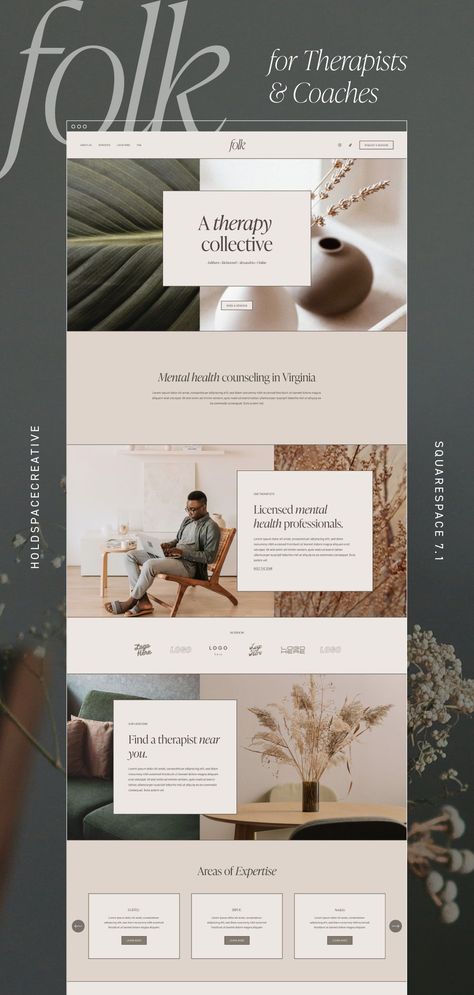 Folk is a Squarespace 7.1 website, made for private practices with multiple clinicians, multiple locations, and multiple services. This website features a warm, neutral color palette and a sleek, high-end design to help your website visitors feel inspired and confident in starting their mental health journey. Gender Neutral Website Design, Service Website Design Inspiration, Warm Neutral Color Palette, Square Space, Hold Space, Service Website, Wellness Studio, Mental Health Counseling, Website Ideas
