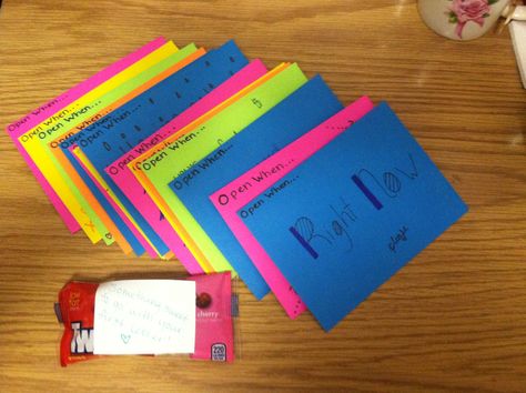 "Open When..." Letters  I used open when… -Right now -You can’t sleep -You need to laugh -You need a hug -You’re fed up with your job -You need a kiss -You want to know what I like about you -You’re having a bad day -You miss me -I have finals (or other things that make me busy) -You feel far apart -I've just left you after visiting -You need support -We’re counting down the final days -You need to look at something pretty -We’re about to see each other -You want to reminisce What I Like About You, Open When Letters, Open When, Need A Hug, Final Days, Fed Up, Letter I, Having A Bad Day, A Hug