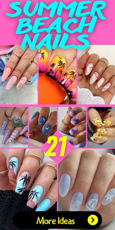 Tropical Vacation Nails 2023, Beachy Nail Art Designs, Nails With Beach Theme, Fun Beachy Nails, Simple Nail Art 2023, Holiday Beach Nails, Fun Beach Nail Designs, Vacation Nails Palm Trees, Pretty Nail Art Designs Summer 2023