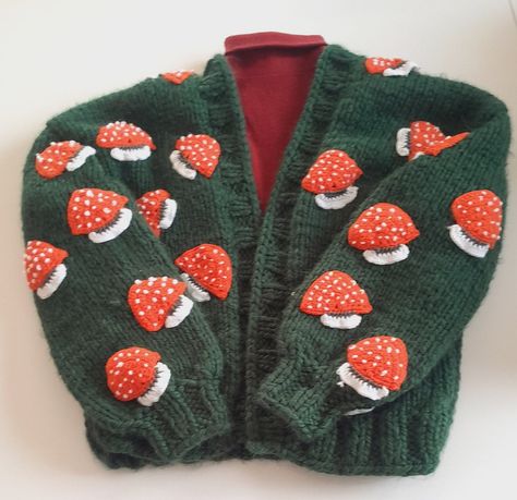 Knitted Mushroom, Mushroom Cardigan, Green Mushroom, Cardigan Handmade, Orange Mushroom, Thick Cardigan, Embroidered Cardigan, Plant Pattern, Knitted Cardigan