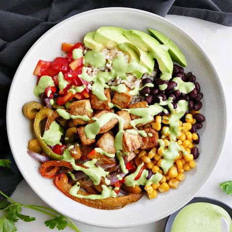 Tofu Burrito Bowls - It's a Veg World After All® Tofu Burrito, Fajita Veggies, Beetroot Relish, Vegan Burrito, Green Bean Salads, Burrito Bowls, Baked Tofu, Extra Firm Tofu, Canned Beans