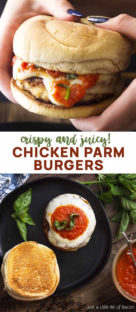 Ground Chicken Parm Burgers, Chicken Parm Burgers, Chicken Parmesan Burgers, Chicken Parm Burger, Homemade Chicken Parmesan, Stromboli Recipes, Chicken Hamburger, Ground Chicken Burgers, Chicken Parmesan Sandwich