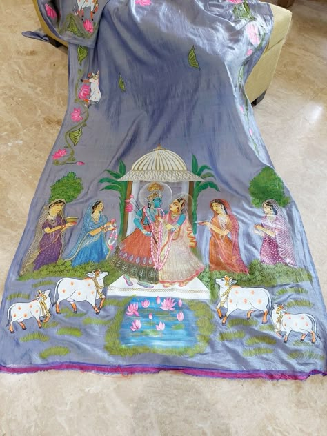 We accept Customize Artworks Contact 9810024316 Pichhwai Design, Embroidery Design Blouse, Plane Saree, Krishna Design, Saree Kurta, Blouse Painting, Painted Dupatta, Flower Pattern Design Prints, Fabric Colour Painting