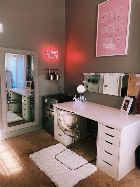 Bedroom With Fridge Ideas, Bedroom Ideas With Mini Fridge, Vanity Neon Sign, Mini Fridge Room Ideas, Fridge In Room Ideas, Aesthetic Room Ideas Pictures, Room Ideas With Mini Fridge, Mini Fridge Bedroom Ideas, Desk Mini Fridge