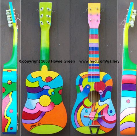 Pop Art Guitar by Howie Green Guitar Art Diy, Guitar Art Project, Ukulele Diy, Painted Ukulele, Green Guitar, Ukulele Design, Guitar Crafts, Guitar Artwork, Ukulele Art