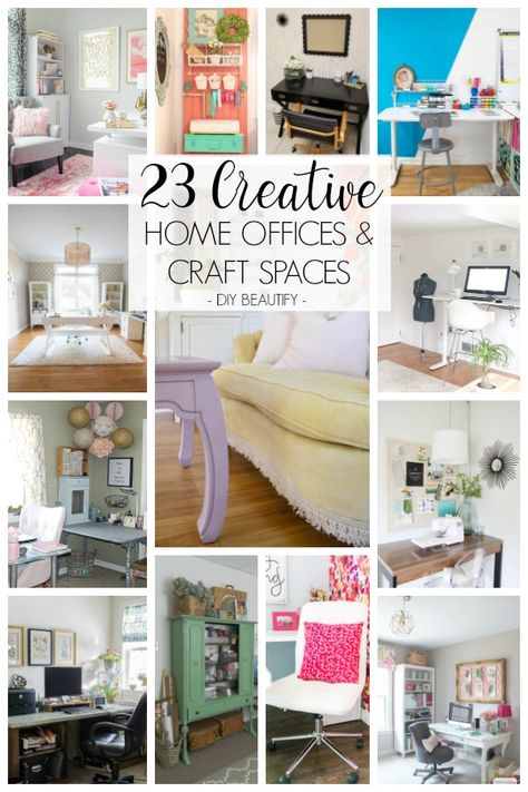 23 creative home office and craft spaces at www.diybeautify.com. Craft And Office Room, Home Office Creative Space, Small Office Craft Room Combo, Craft Rooms In Small Spaces, Craft And Office Room Ideas, Office/craft Room, Home Office And Craft Room Combo, Creative Spaces Studio, Home Office Craft Room Combo