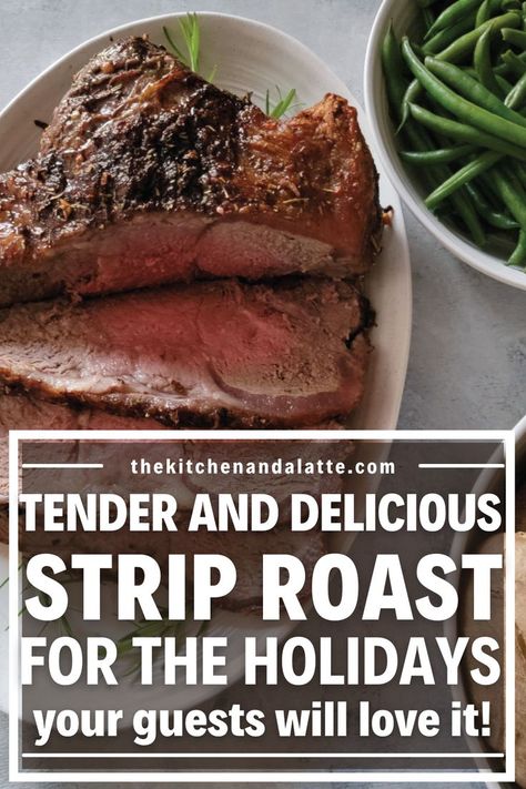 Strip roast on a serving plate with a few slices sliced off ready to eat.  Tender and delicious strip roast for the holidays.  Your guests will love it! My Strip Roast Recipe, New York Roast Recipe How To Cook, Sirloin Strip Roast Recipes, Beef Strip Roast Recipe, New York Loin Roast, Strip Loin Roast Recipes Slow Cooker, Strip Loin Steak Recipes Oven, Strip Steak Roast Recipe, New York Roast Recipe Ovens