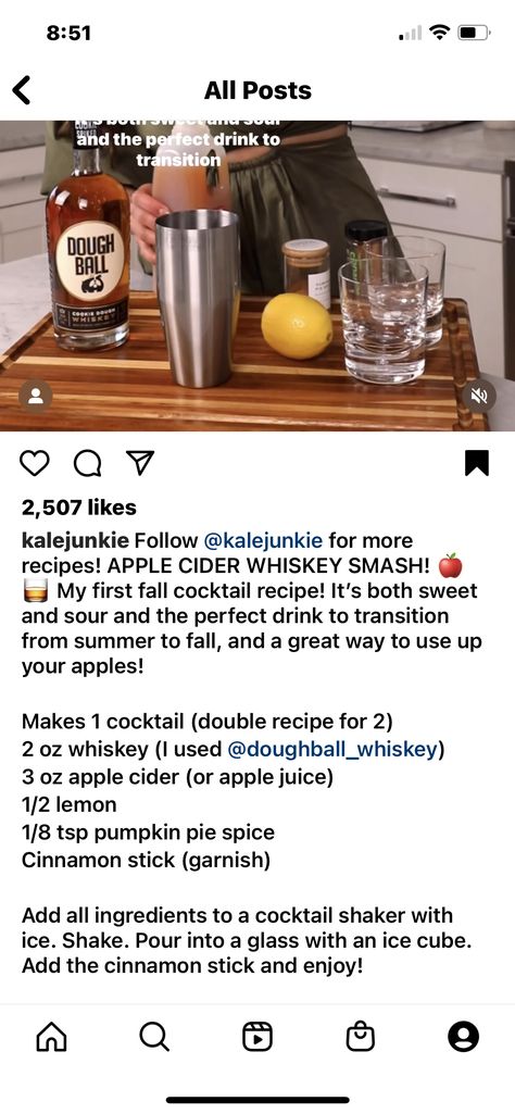 Doughball Whiskey Recipes, Cookie Dough Whiskey Drinks, Dough Ball Whiskey Recipes, Apple Cider Whiskey, Whiskey Smash, Whiskey Recipes, Recipe For 2, Fall Cocktails Recipes, Drinks Alcohol