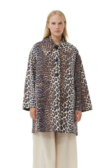 Leopard Canvas Oversized Midi Jacket, Almond Milk Ganni Leopard, The Leopard, Floral Shoes, Buckle Shoes, Tshirt Skirt, Knitwear Tops, Shirt Skirt, Wide Sleeves, New Arrival Dress