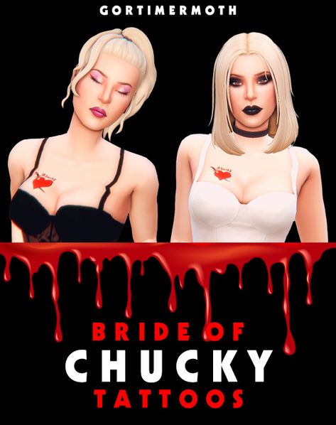 pascal curious enthusiast on Tumblr Chucky Sims 4 Cc, Chucky Tattoos, Chucky Tattoo, Tiffany Valentine, Sims 4 Tattoos, Bride Of Chucky, Free Sims 4, Free Sims, Sims 4 Dresses