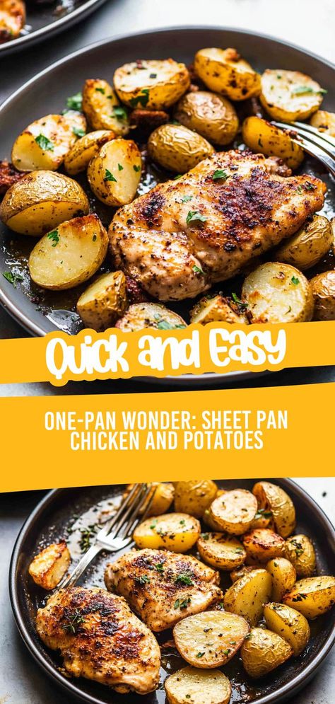 Discover the magic of a one-pan meal with this Sheet Pan Chicken and Potatoes recipe! Juicy chicken thighs roasted alongside crispy potatoes and fresh veggies create a delicious and hassle-free dinner that your family will love. Perfect for busy weeknights! Sheet Pan Chicken And Potatoes, Juicy Chicken Thighs, Chicken And Potatoes, Sheet Pan Chicken, Quick And Easy Meals, Pan Chicken, Dinner Inspiration, Crispy Potatoes, Potatoes Recipe