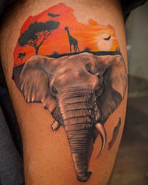 Elephant With Sunset Safari Africa Male Leg Tattoo Realistic Elephant Tattoo, Tato Phoenix, Claddagh Tattoo, Elephant Tattoo Meaning, Cute Elephant Tattoo, Africa Tattoos, Tier Tattoo, African Tattoo, Sunset Tattoos