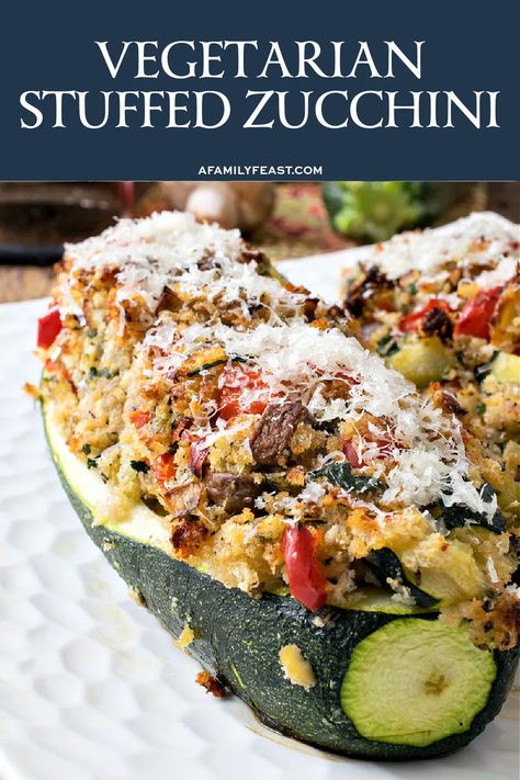 Vegetarian Stuffed Zucchini has fresh zucchini loaded up with a super flavorful vegetable and panko crumb filling. You’re going to love this recipe! Veggie Stuffed Zucchini Boats, Quinoa Stuffed Zucchini Boats, Vegetarian Stuffed Zucchini Boats, Stuffed Zucchini Boats Vegetarian, Zucchini Boats Vegetarian, Veggie Starters, Healthy Stuffed Zucchini, Zucchini Wedges, Vegetarian Stuffed Zucchini