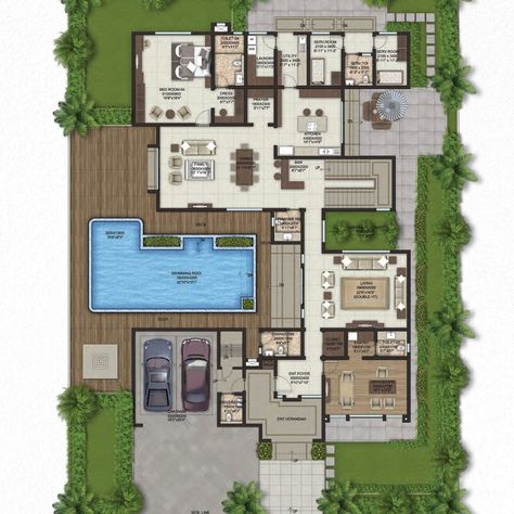 Kerala Homes, L Shaped House Plans, Site Plan Design, L Shaped House, Villa Bali, Pool House Plans, Courtyard House Plans, Modern Villa Design, Small House Floor Plans