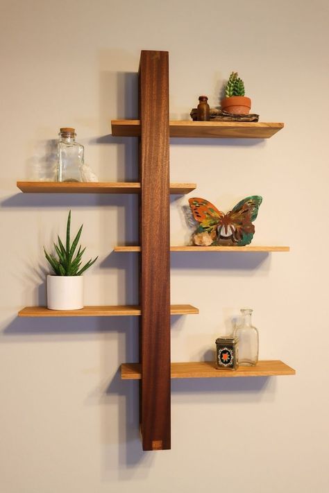 Make 16,000 Projects With Step By Step Plans...even if you don't have a large workshop or expensive tools! small wood projects DIY, small wood projects scrap, small wood projects awesome ideas, and many other pins!ideas] simple | wood working I diy projects | wood crafts I diy wood working ideas Shelves In Living Room Diy, Diy Mcm Wall Shelves, Mid Century Modern Wall Shelves, Mcm Wall Shelves, Show Case For Living Room, Japandi Shelves, Mcm Shelves, Japanese Shelves, Bedroom Esthetics