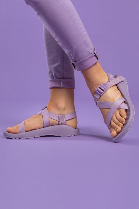 Just in: Chaco's award-winning Z/1 Classic Sport Sandal is now available in a spectrum of full-color solids. Chaco's Z/Chromatic Classic Sport Sandal in Lavender Frost. Sports Sandals Women, Lavender Phenomenal, Neon Sandals, Coral Sandals, People Eater, Chacos Sandals, Lavender Aesthetic, Packing Lists, Chaco Shoes