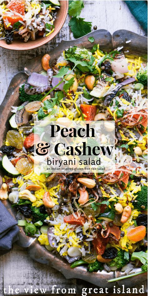 Peach and Cashew Biryani Salad ~ a gluten free rice salad inspired by fabulous Indian pilaf #salad #rice #glutenfree #pilaf #pilau #Indian #biryani #saffron #vegan #vegetarian #sidedish #ricesalad #vegetable #recipe #easy Indian Biryani, Easy Rice Pilaf, Barbecue Side Dishes, Vegetable Recipe, Dark Cool, Rice Salad, Gluten Free Rice, Grilled Veggies, Rice Dishes