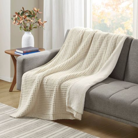 50"x60" Eden Waffle Knit Chenille Throw Blanket Ivory - Madison Park Farmhouse Room, Waffle Blanket, Chunky Knit Throw, Chenille Throw, Summer Blanket, Bed Throw Blanket, Sherpa Throw Blankets, Madison Park, Knitted Throws