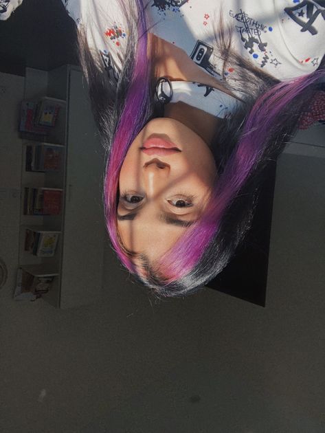 Purple Front Hair Streaks, Front Hair Streaks, Half Purple Half Black Hair, Front Strand Of Hair Dyed, Strands Of Hair, Blonde Aesthetic, Hair Dye Ideas, Color Streaks, Cute Hair Colors