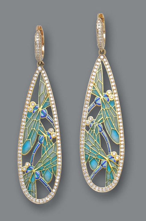 A pair of diamond and plique-à-jour enamel pendant earrings. | © Bonhams 2001-2014 Plique A Jour, Bijoux Art Deco, Bijoux Art Nouveau, Pair Of, Art Nouveau Jewelry, Deco Jewelry, Enamel Jewelry, Schmuck Design, Vintage Jewellery